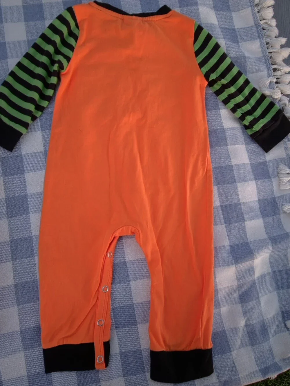 Orange Halloween Baby Romper with Green/Black Striped Sleeves, 12 Months